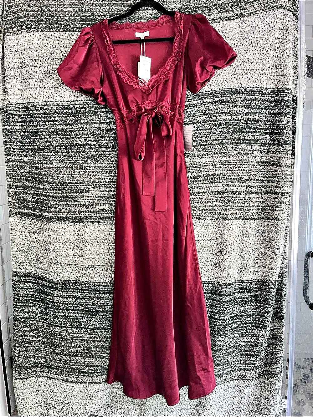 Moon River Puff Sleeve Lace Trim Maxi Dress Burgundy Medium